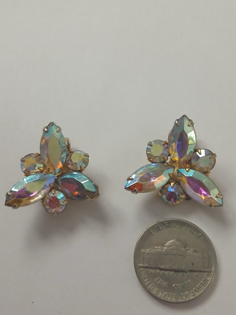 Vintage Clip On Earrings Rhinestone Marquise Navette AB Rhinestones 1"D Goldtone